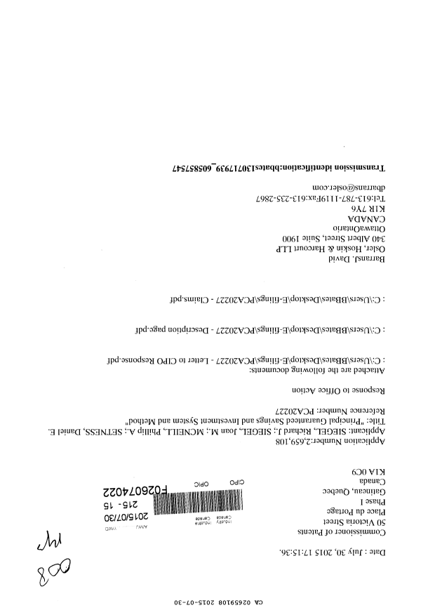 Canadian Patent Document 2659108. Amendment 20150730. Image 1 of 13