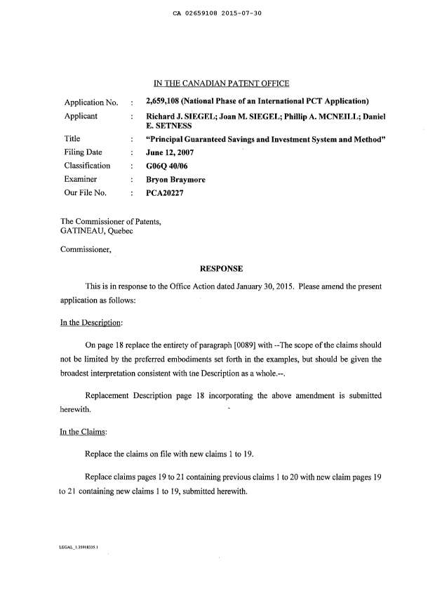 Document de brevet canadien 2659108. Modification 20150730. Image 2 de 13