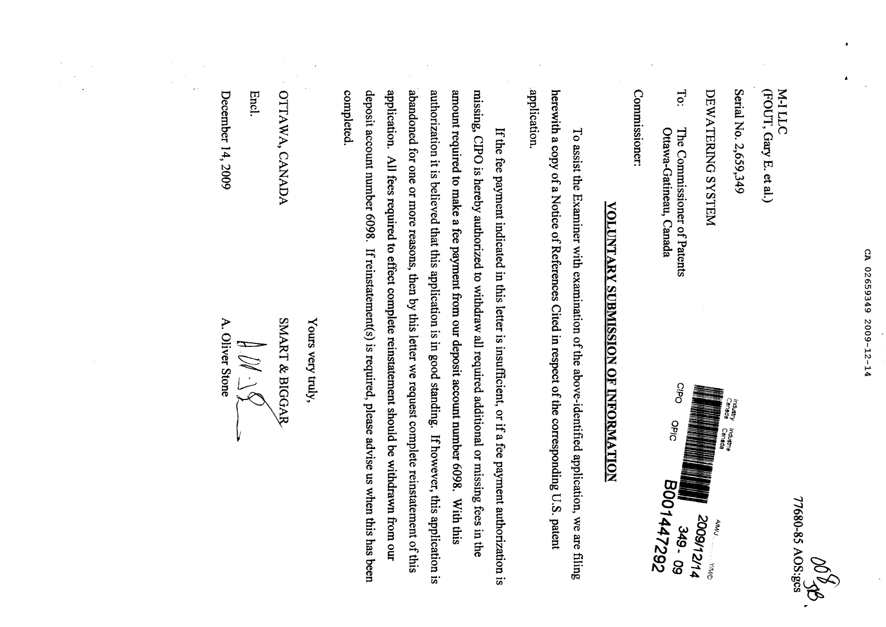 Canadian Patent Document 2659349. Prosecution-Amendment 20091214. Image 1 of 1