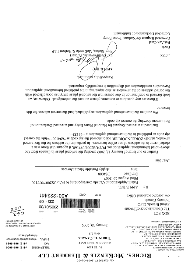Document de brevet canadien 2659397. Correspondance 20081230. Image 1 de 5