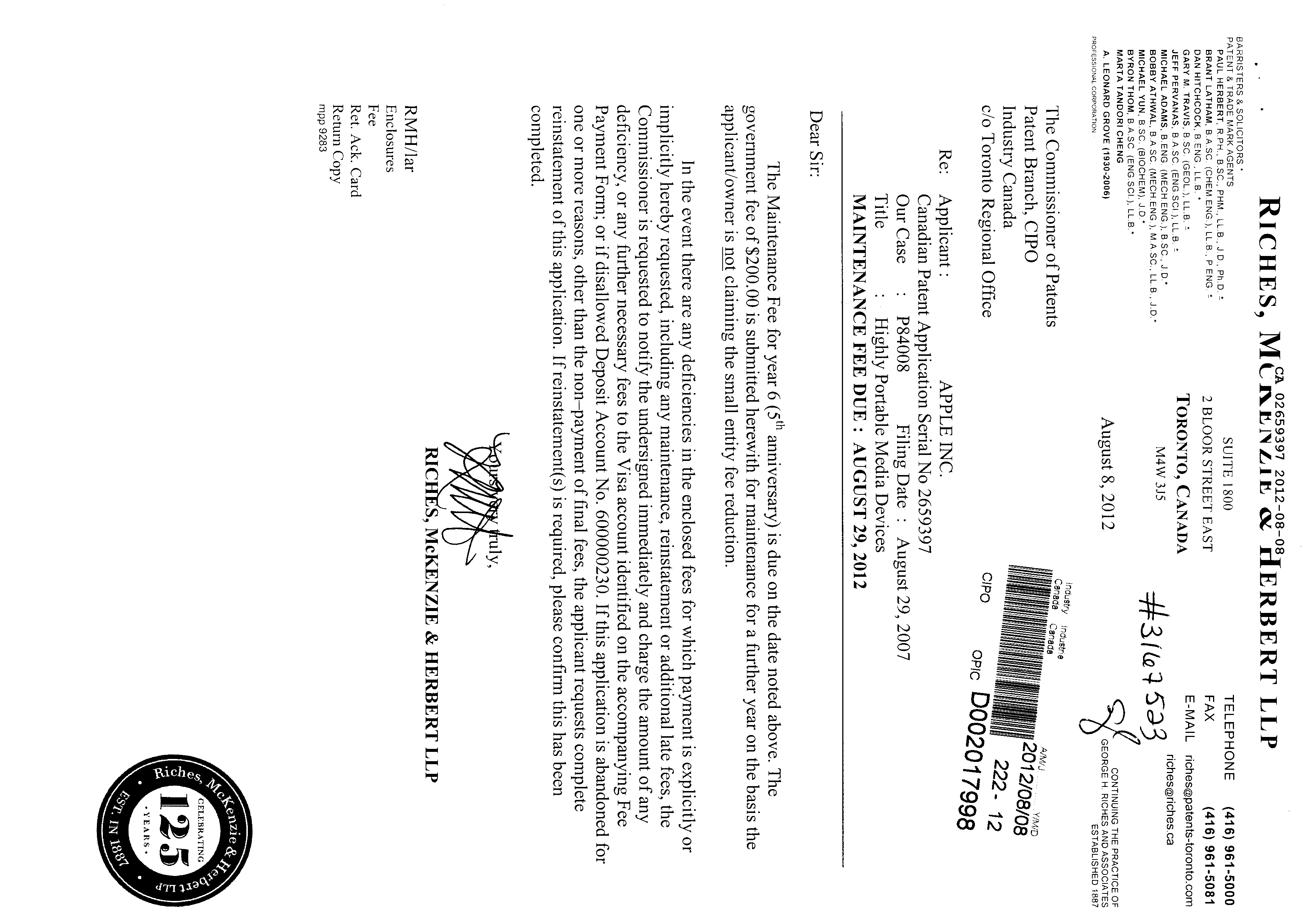 Canadian Patent Document 2659397. Fees 20111208. Image 1 of 1