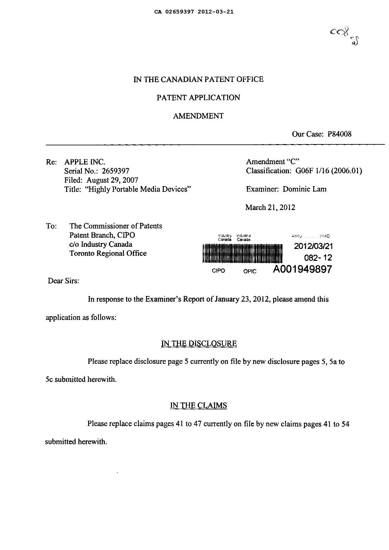Canadian Patent Document 2659397. Prosecution-Amendment 20111221. Image 1 of 25