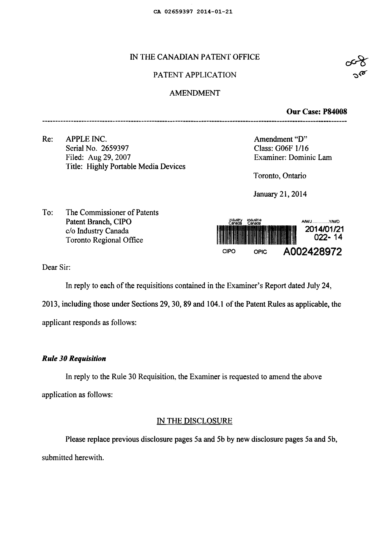 Canadian Patent Document 2659397. Prosecution-Amendment 20140121. Image 1 of 20
