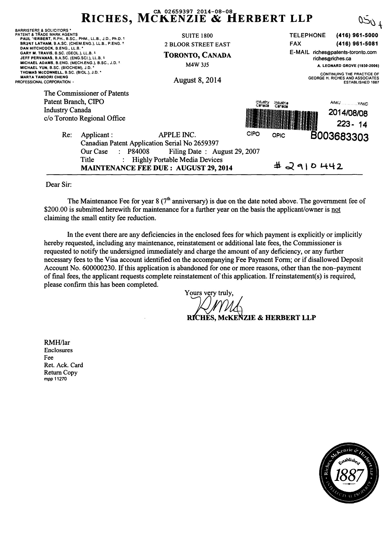 Document de brevet canadien 2659397. Taxes 20140808. Image 1 de 1