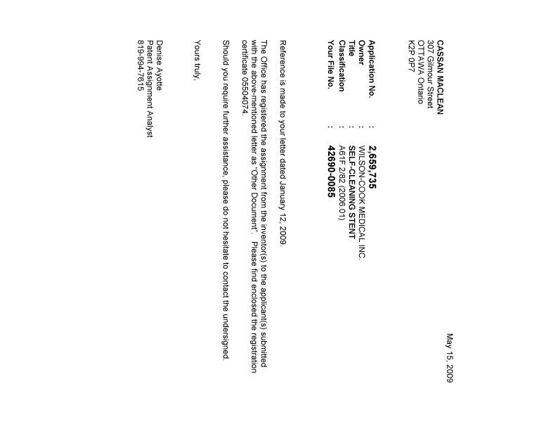 Document de brevet canadien 2659735. Correspondance 20090515. Image 1 de 1
