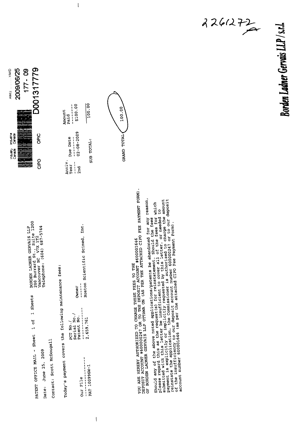 Document de brevet canadien 2659761. Taxes 20090625. Image 1 de 1