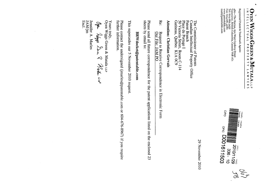 Document de brevet canadien 2659819. Correspondance 20101129. Image 1 de 1