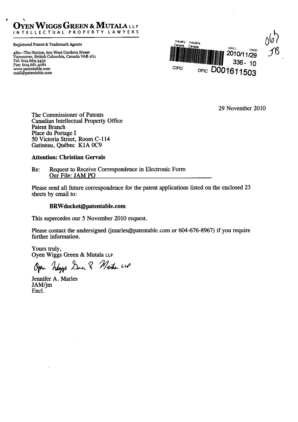 Document de brevet canadien 2659819. Correspondance 20101129. Image 1 de 1