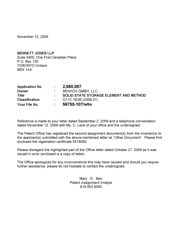 Document de brevet canadien 2660087. Correspondance 20091112. Image 1 de 1