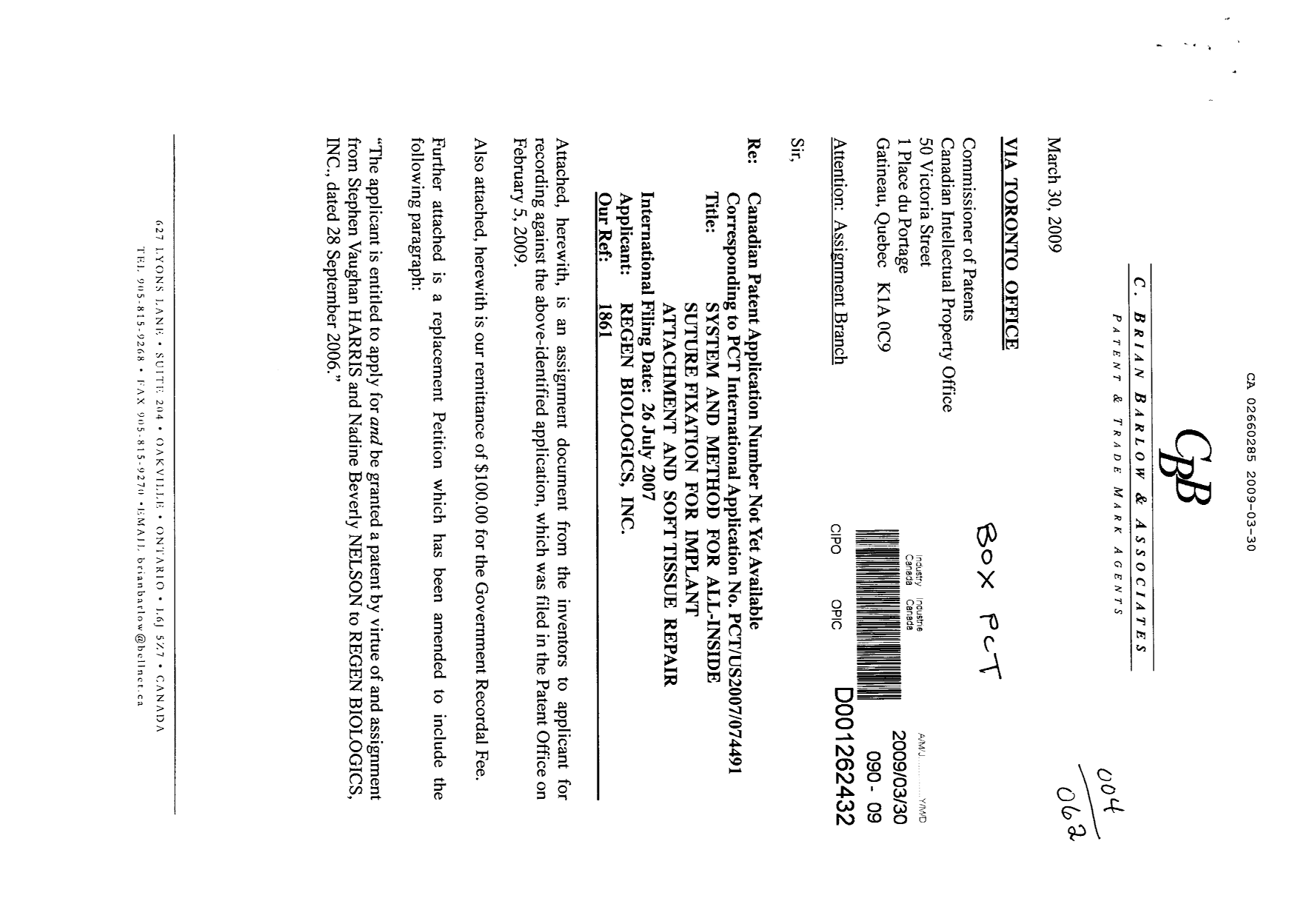 Canadian Patent Document 2660285. Assignment 20090330. Image 1 of 6