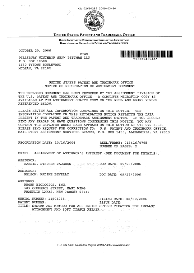 Canadian Patent Document 2660285. Assignment 20090330. Image 3 of 6