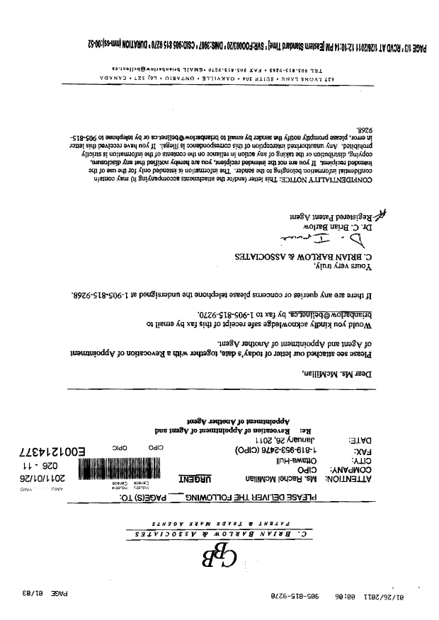 Canadian Patent Document 2660285. Correspondence 20110126. Image 1 of 17