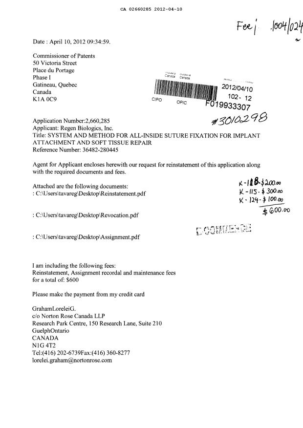 Document de brevet canadien 2660285. Taxes 20111210. Image 1 de 4