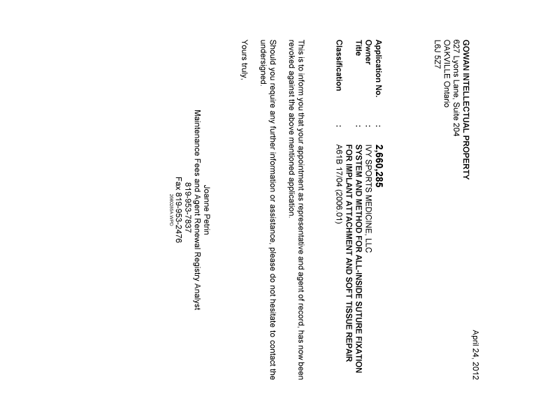 Document de brevet canadien 2660285. Correspondance 20120424. Image 1 de 1