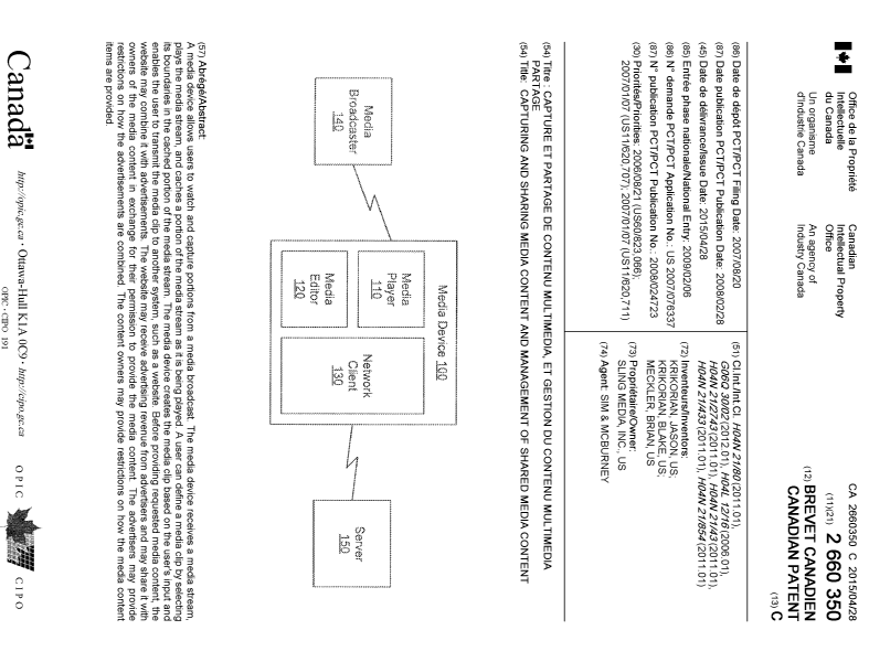 Document de brevet canadien 2660350. Page couverture 20150325. Image 1 de 1