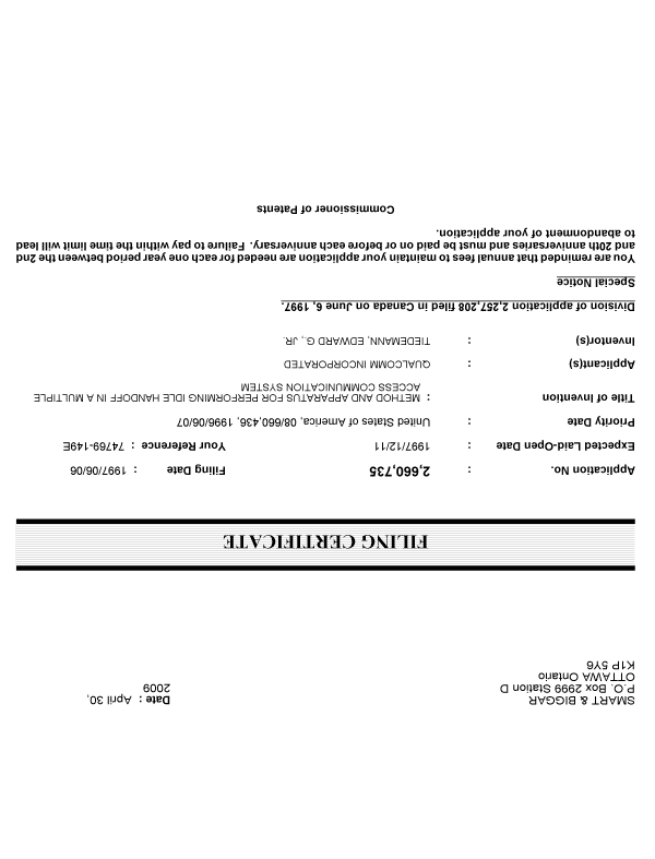 Canadian Patent Document 2660735. Correspondence 20090430. Image 1 of 1