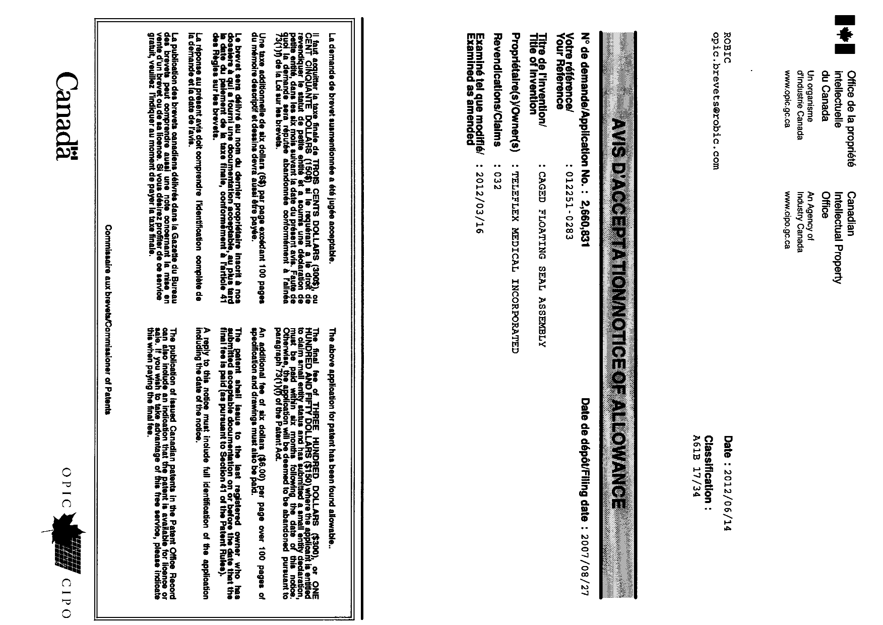 Canadian Patent Document 2660831. Correspondence 20120614. Image 1 of 1