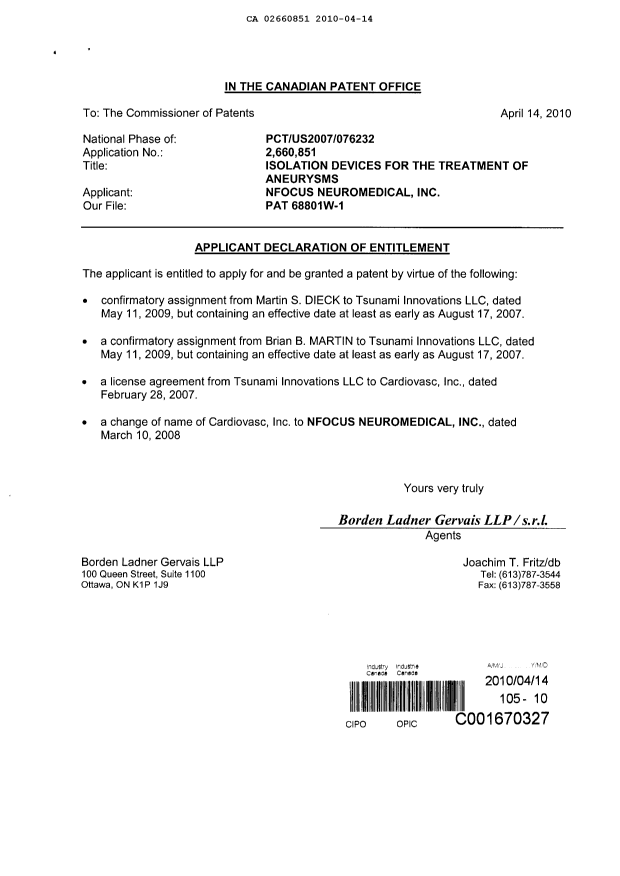 Document de brevet canadien 2660851. Correspondance 20100414. Image 2 de 2