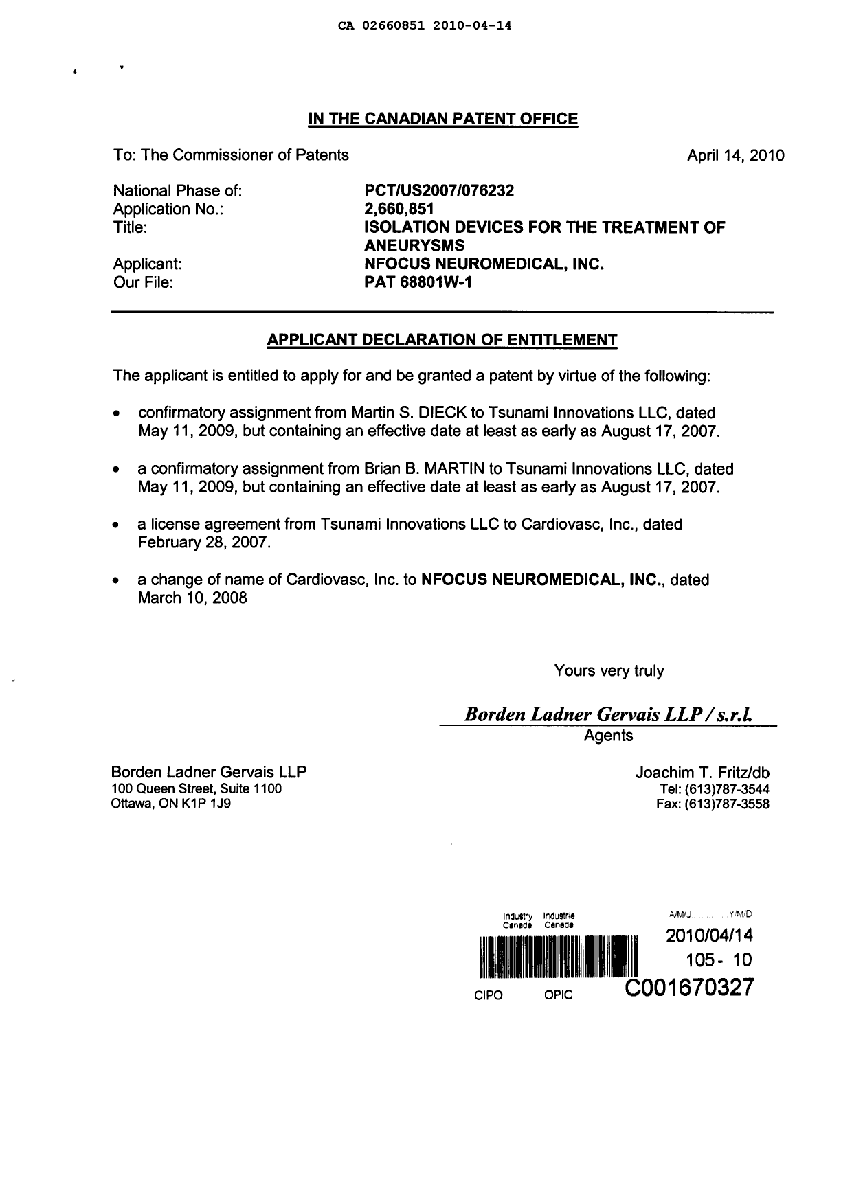 Canadian Patent Document 2660851. Correspondence 20100414. Image 2 of 2