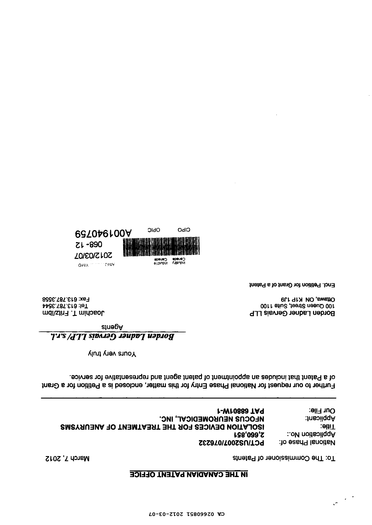 Canadian Patent Document 2660851. Correspondence 20111207. Image 1 of 3