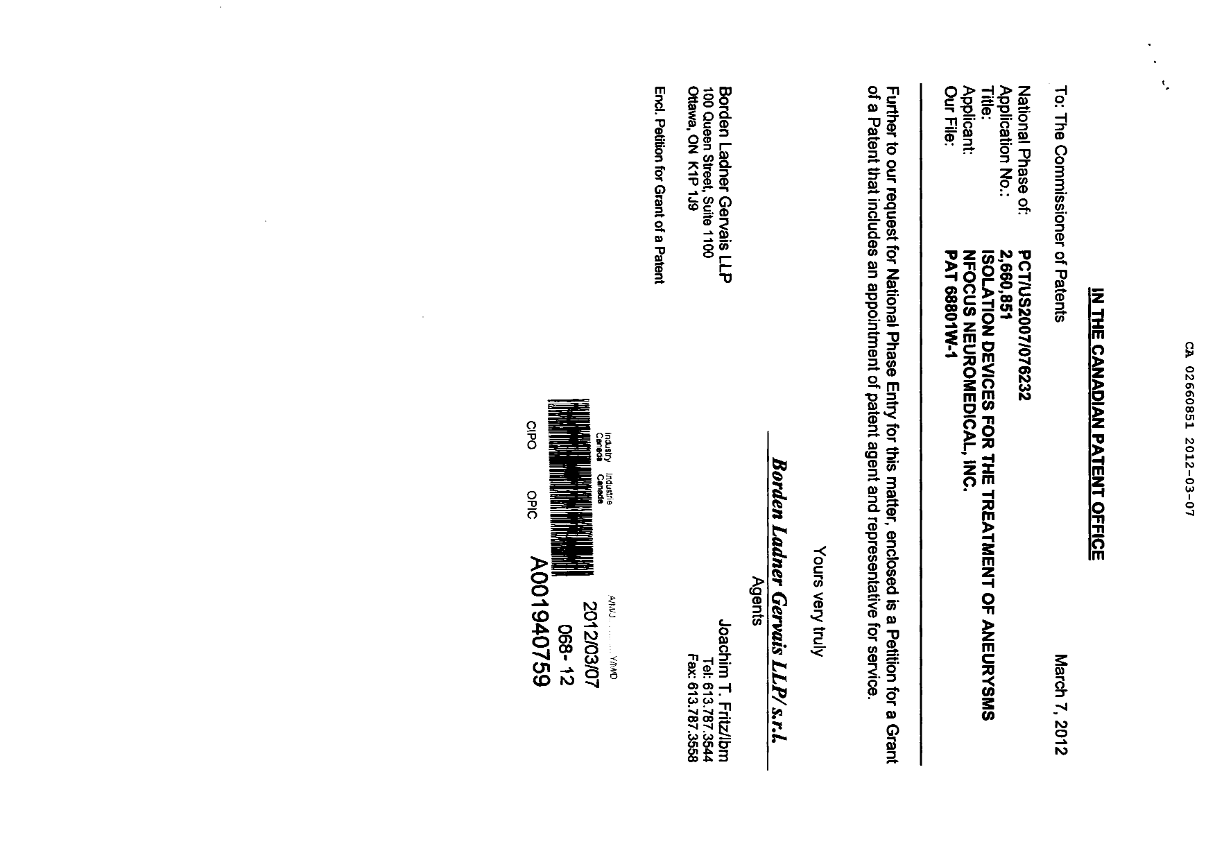 Document de brevet canadien 2660851. Correspondance 20111207. Image 1 de 3