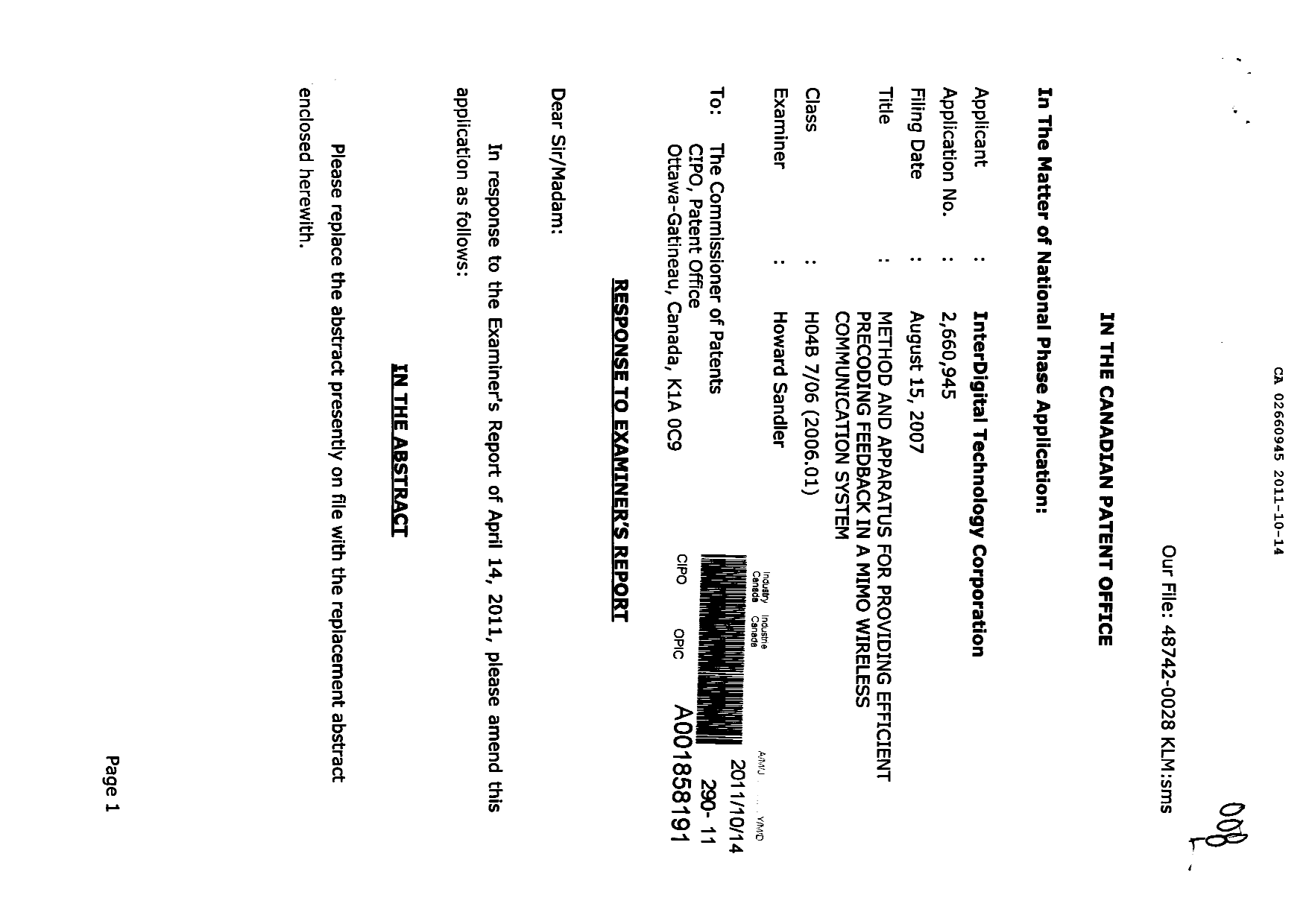 Canadian Patent Document 2660945. Prosecution-Amendment 20111014. Image 1 of 17