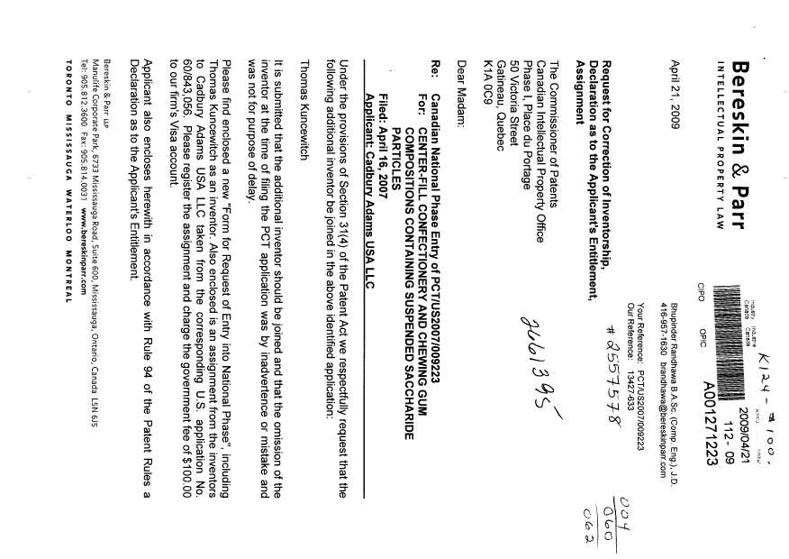 Document de brevet canadien 2661395. Correspondance 20090421. Image 1 de 5