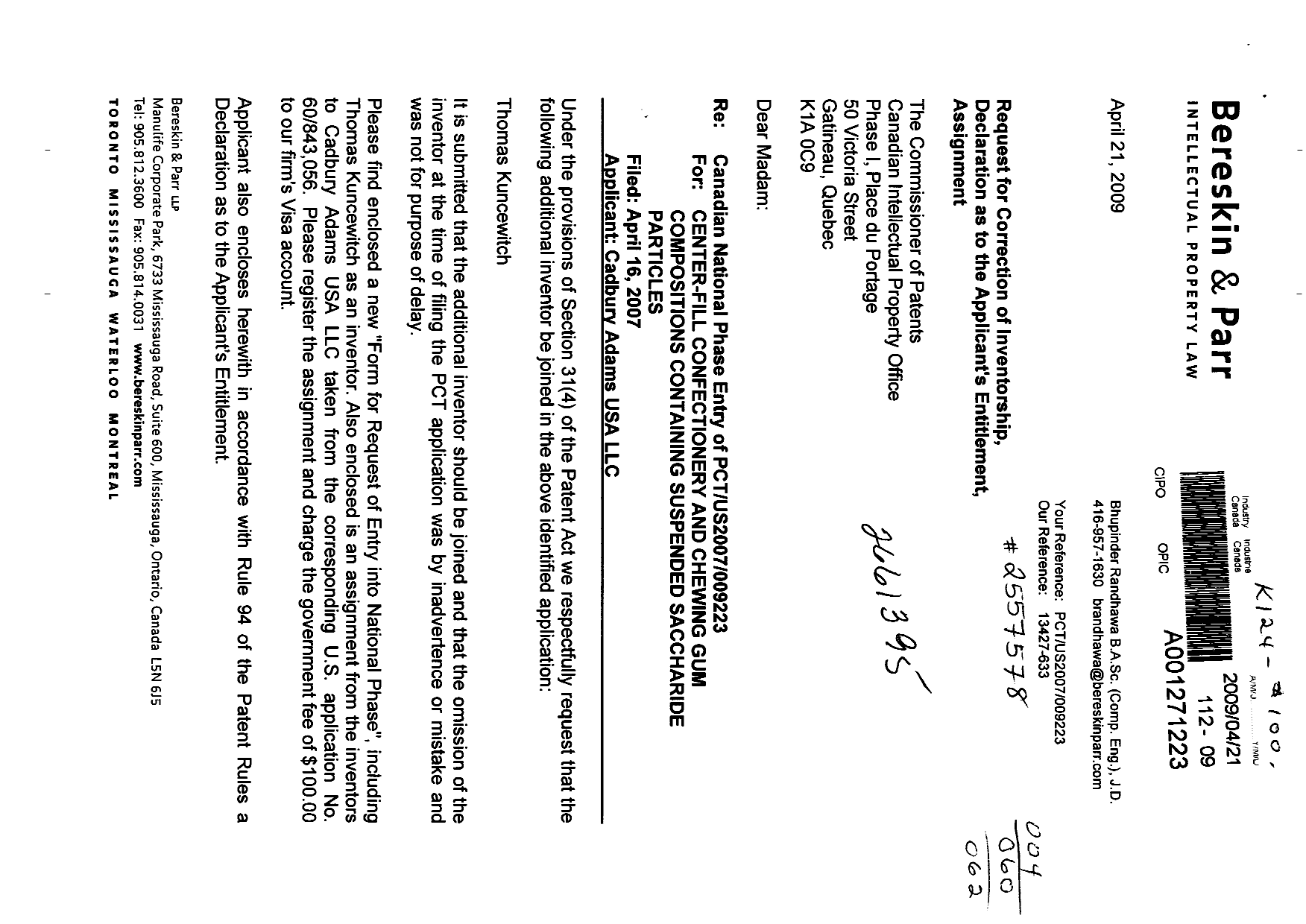 Canadian Patent Document 2661395. Correspondence 20090421. Image 1 of 5
