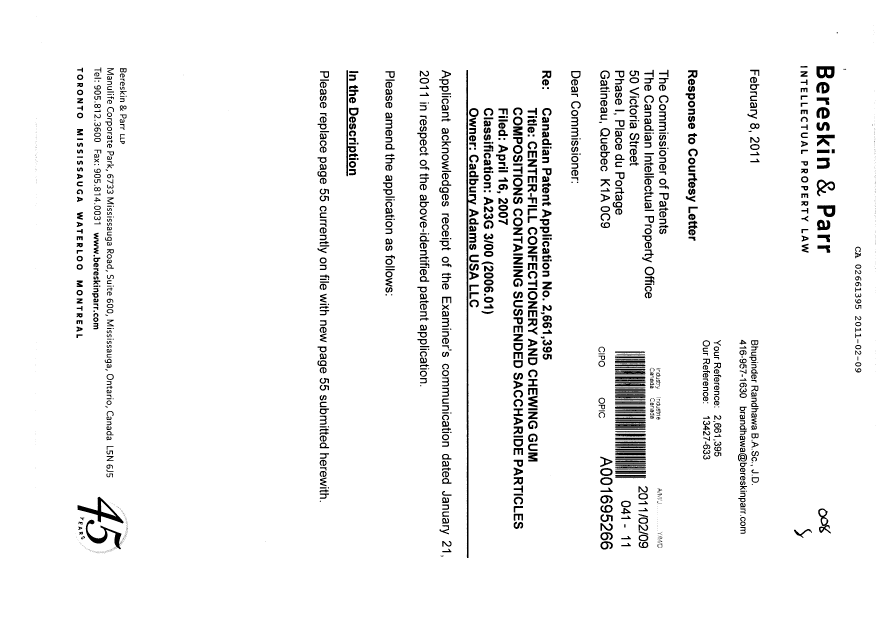 Document de brevet canadien 2661395. Poursuite-Amendment 20110209. Image 1 de 3