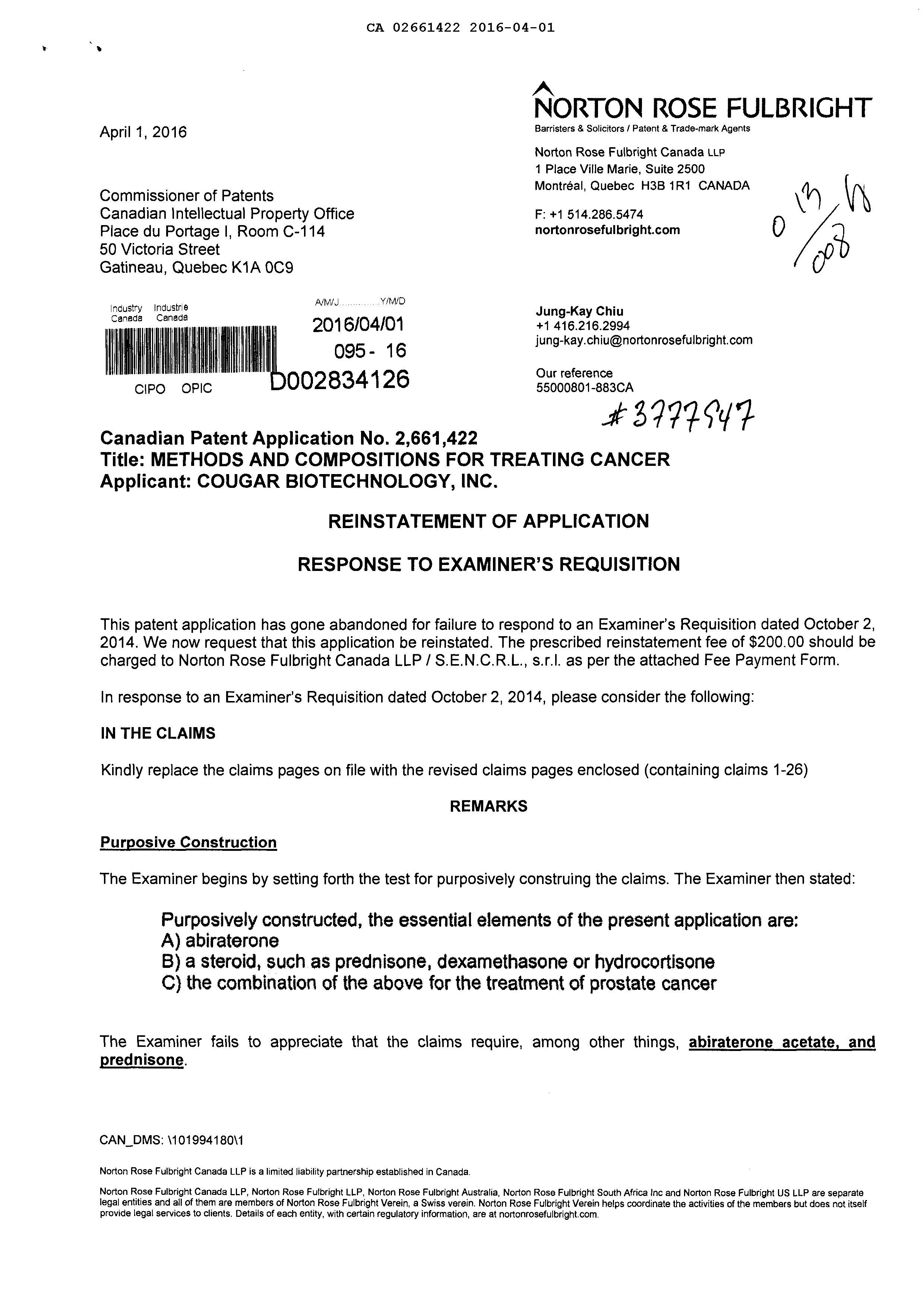 Document de brevet canadien 2661422. Poursuite-Amendment 20151201. Image 1 de 13