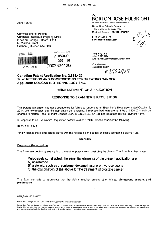 Document de brevet canadien 2661422. Poursuite-Amendment 20151201. Image 1 de 13