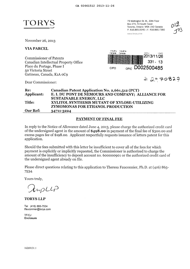 Document de brevet canadien 2661512. Correspondance 20121226. Image 1 de 1
