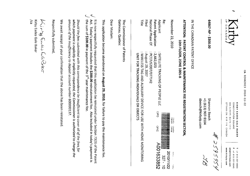 Document de brevet canadien 2662023. Taxes 20101122. Image 1 de 1