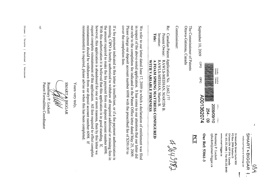 Document de brevet canadien 2662177. Correspondance 20090910. Image 1 de 1
