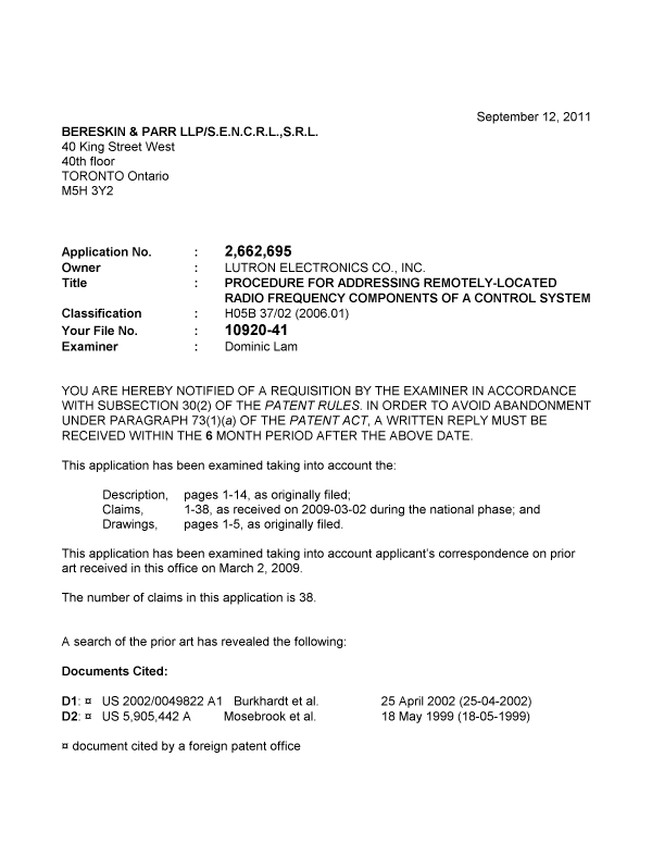 Document de brevet canadien 2662695. Poursuite-Amendment 20110912. Image 1 de 4