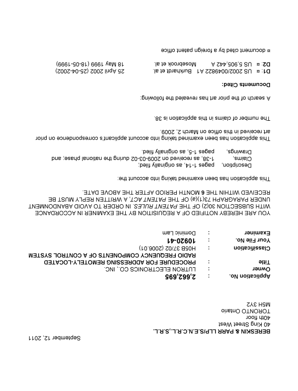 Canadian Patent Document 2662695. Prosecution-Amendment 20110912. Image 1 of 4