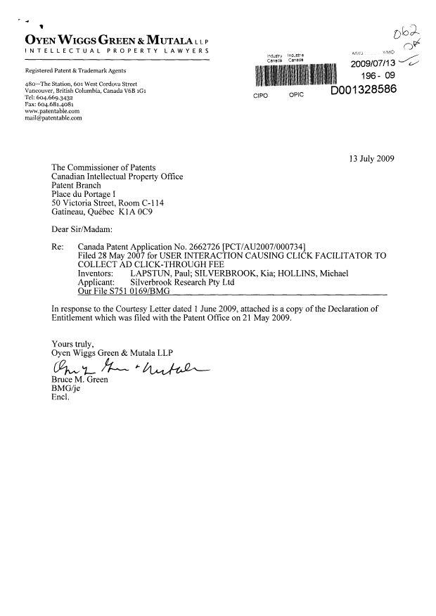 Document de brevet canadien 2662726. Correspondance 20081213. Image 1 de 2