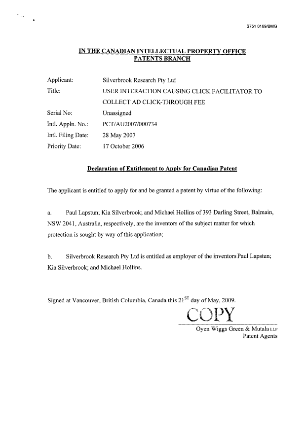 Canadian Patent Document 2662726. Correspondence 20081213. Image 2 of 2