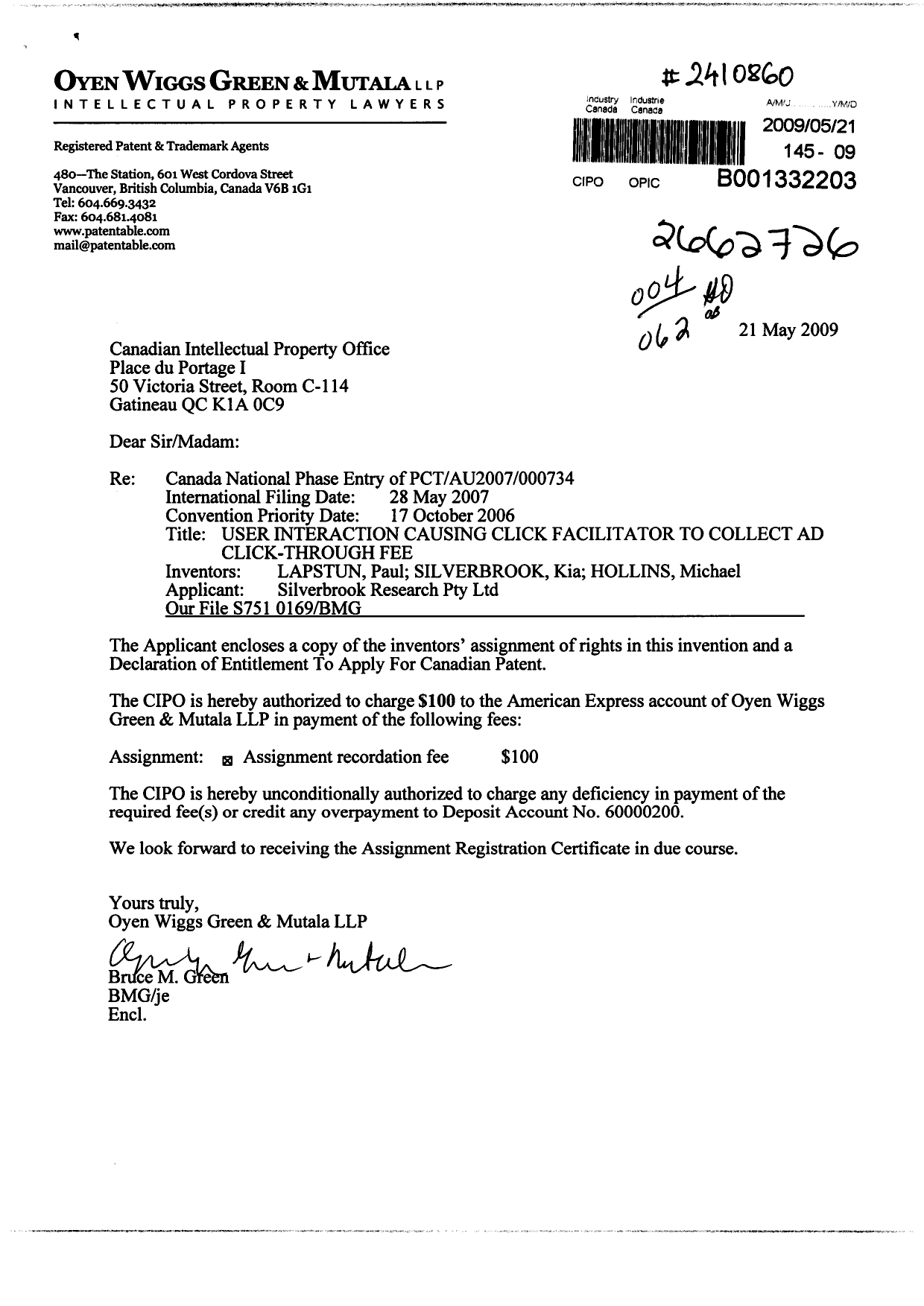 Document de brevet canadien 2662726. Correspondance 20081221. Image 1 de 2
