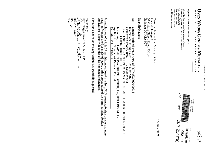 Canadian Patent Document 2662726. Prosecution-Amendment 20090318. Image 1 of 1