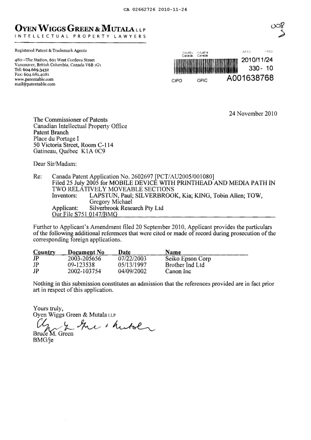 Document de brevet canadien 2662726. Poursuite-Amendment 20101124. Image 2 de 4