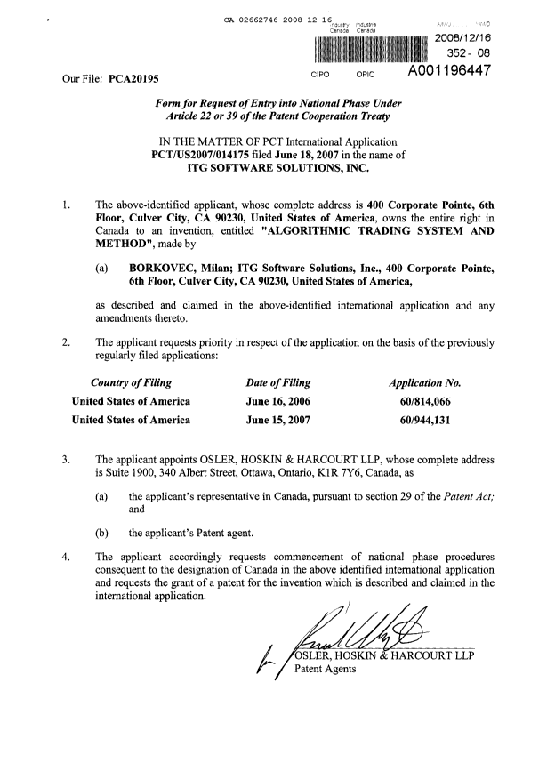 Document de brevet canadien 2662746. Cession 20081216. Image 5 de 5
