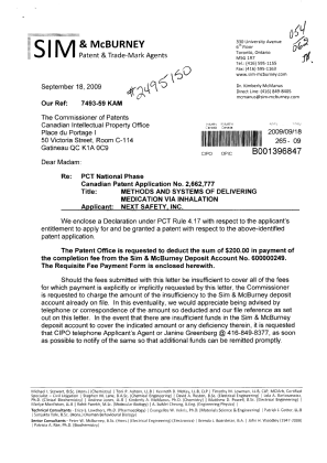 Document de brevet canadien 2662777. Correspondance 20090918. Image 1 de 5