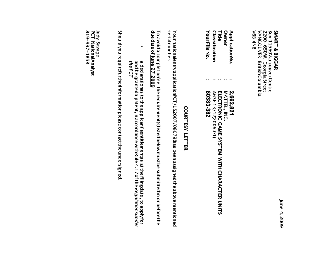Canadian Patent Document 2662821. Correspondence 20090603. Image 1 of 1