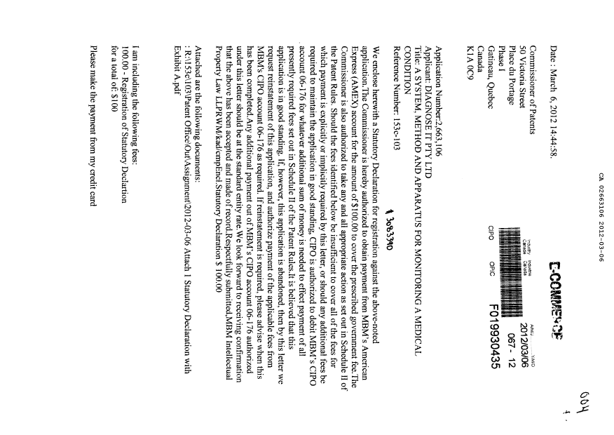 Document de brevet canadien 2663106. Cession 20120306. Image 1 de 9