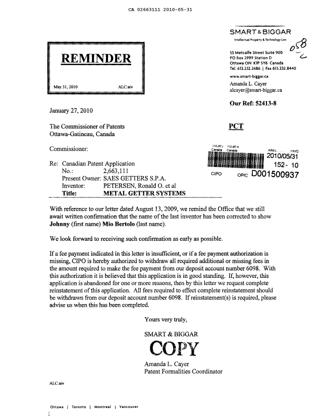Document de brevet canadien 2663111. Correspondance 20100531. Image 1 de 1