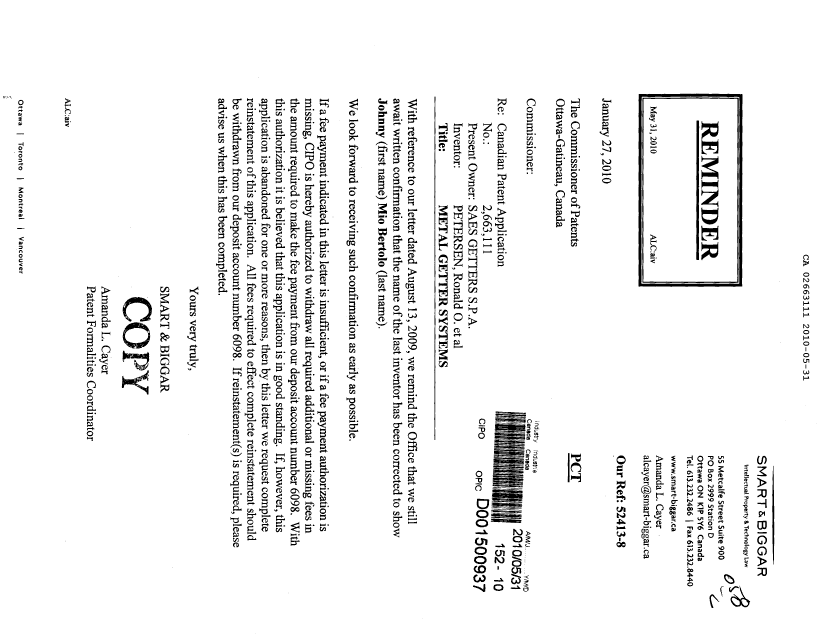 Document de brevet canadien 2663111. Correspondance 20100531. Image 1 de 1