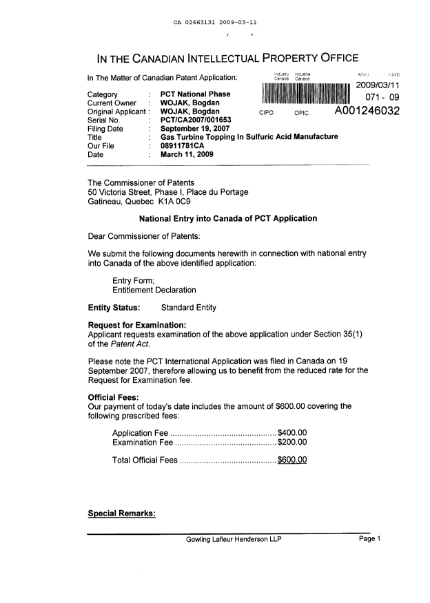 Document de brevet canadien 2663131. Cession 20090311. Image 1 de 4