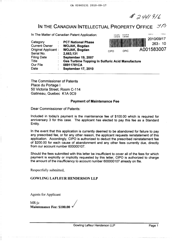 Document de brevet canadien 2663131. Taxes 20100917. Image 1 de 1