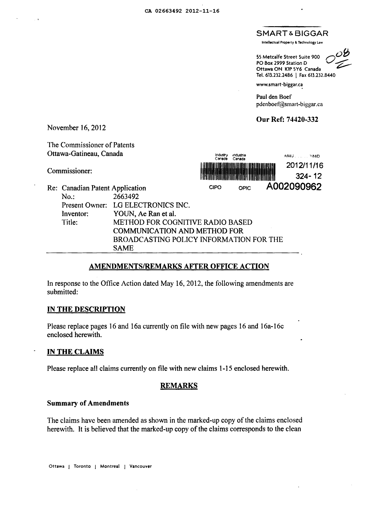 Document de brevet canadien 2663492. Poursuite-Amendment 20121116. Image 1 de 19